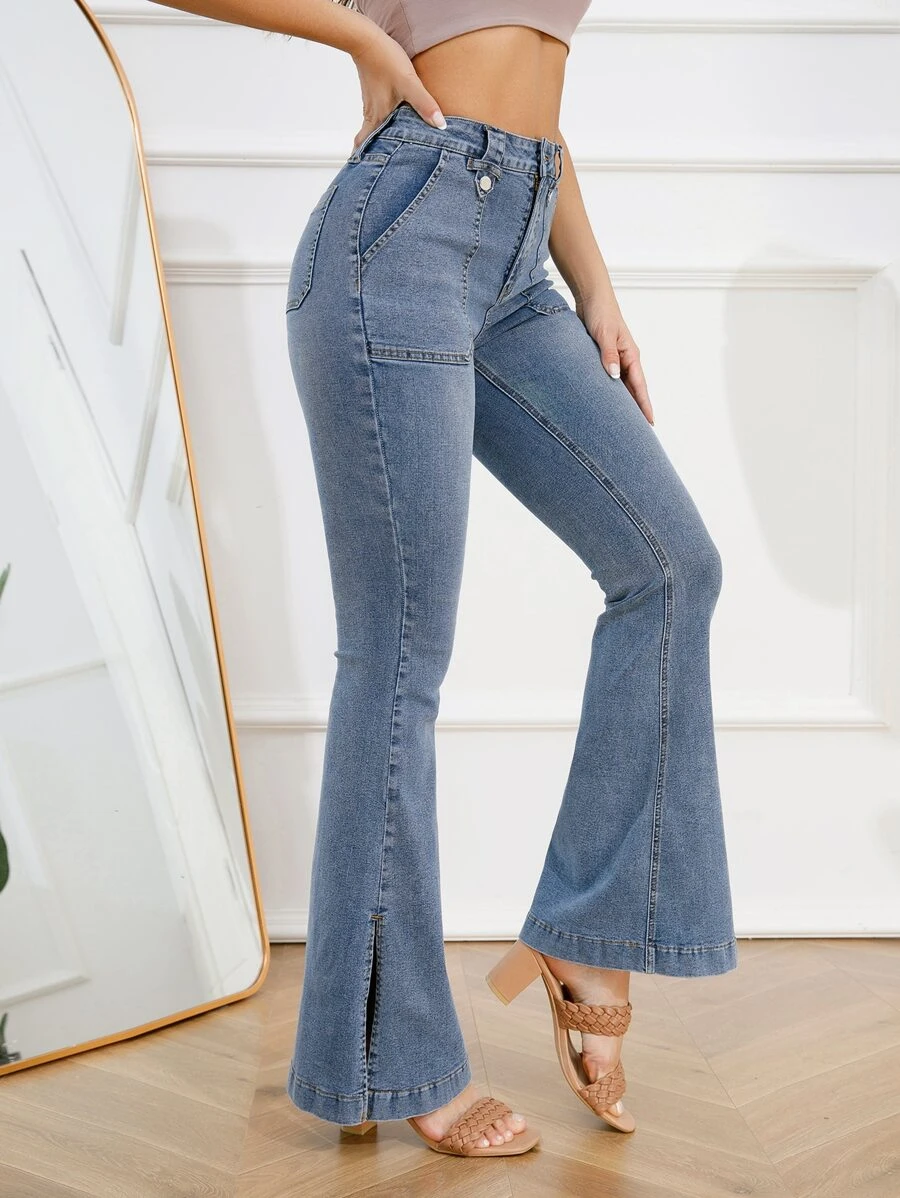 กางเกงยีนส์ขาม้า เอวสูง ผ่าชายเสื้อ  ee-84