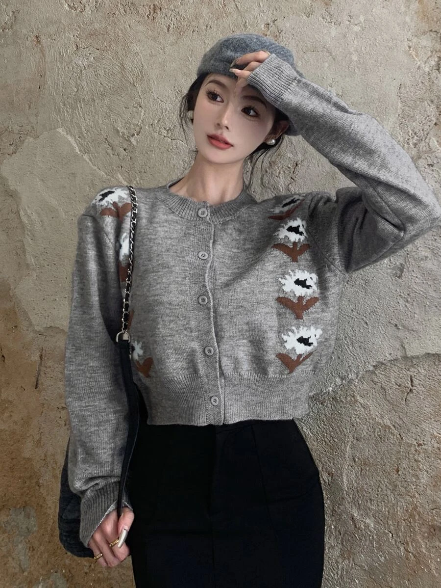 เสื้อคาร์ดิแกน ครอป ลาย ดอกไม้ กระดุมด้านหน้า i-58