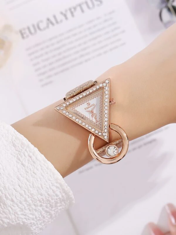 นาฬิกาควอตซ์ ตกแต่ง พลอยเทียม สามเหลี่ยม ตัวชี้ น-94