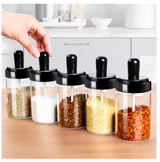 KIT38-ขวดใส่เครื่องปรุง ขวดใส่เครื่องปรุงอาหาร ขวดแก้วใส่เครื่องปรุง กระปุกใส่เครื่องเทศ พร้อมช้อนตักในตัว ขนาด 300ml