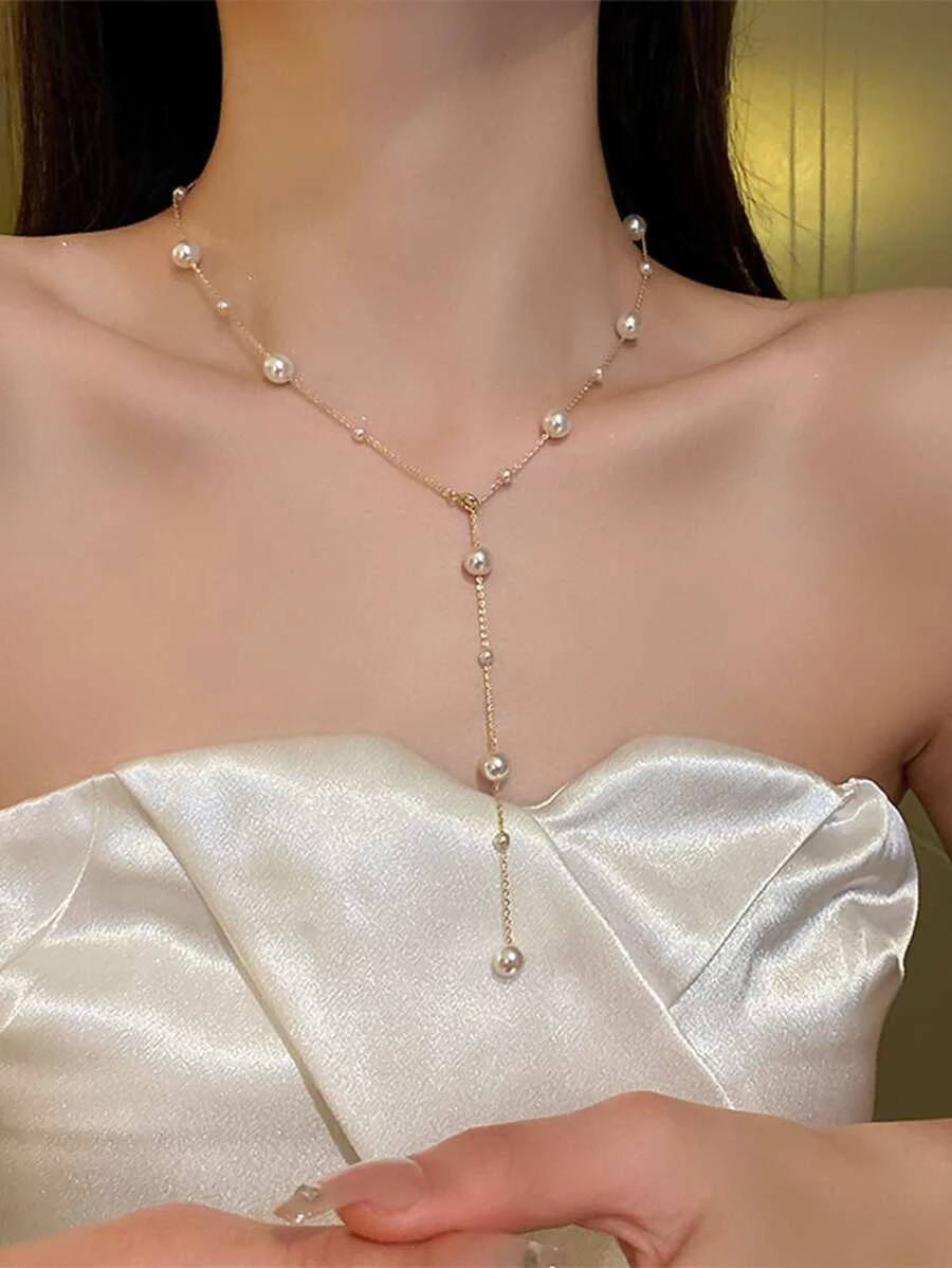 สร้อยคอ รูปตัว Y ประดับ มุกเทียม kk-14