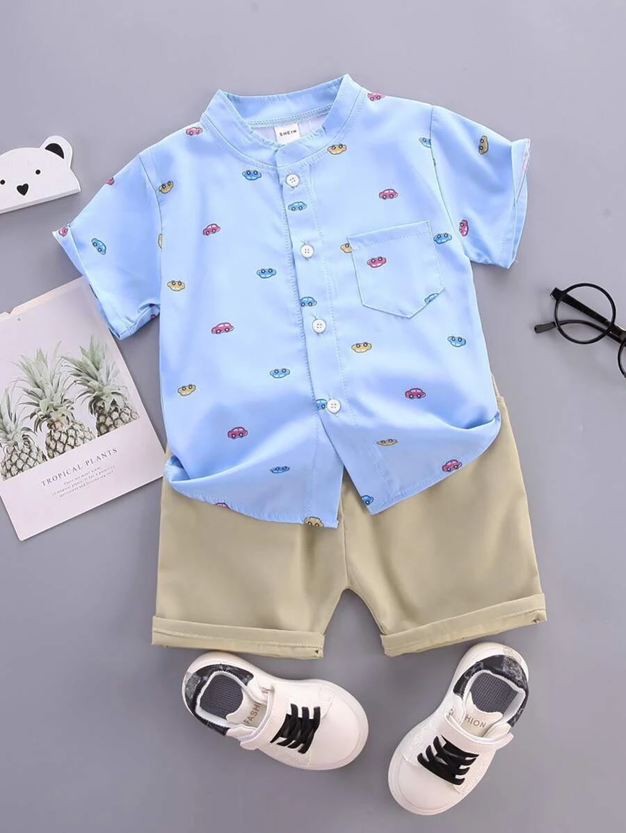เด็กผู้ชาย เสื้อเชิ้ต การพิมพ์ รถยนต์ เย็บปะ กระเป๋า & กางเกงขาสั้น b-67