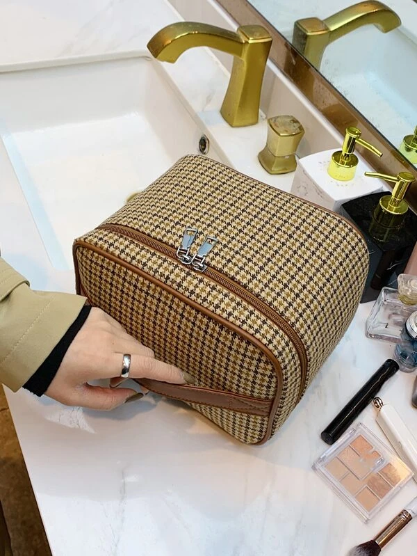 กระเป๋าถัง พิมพ์ลายฟันสุนัข Houndstooth ซิปคู่  ค-34