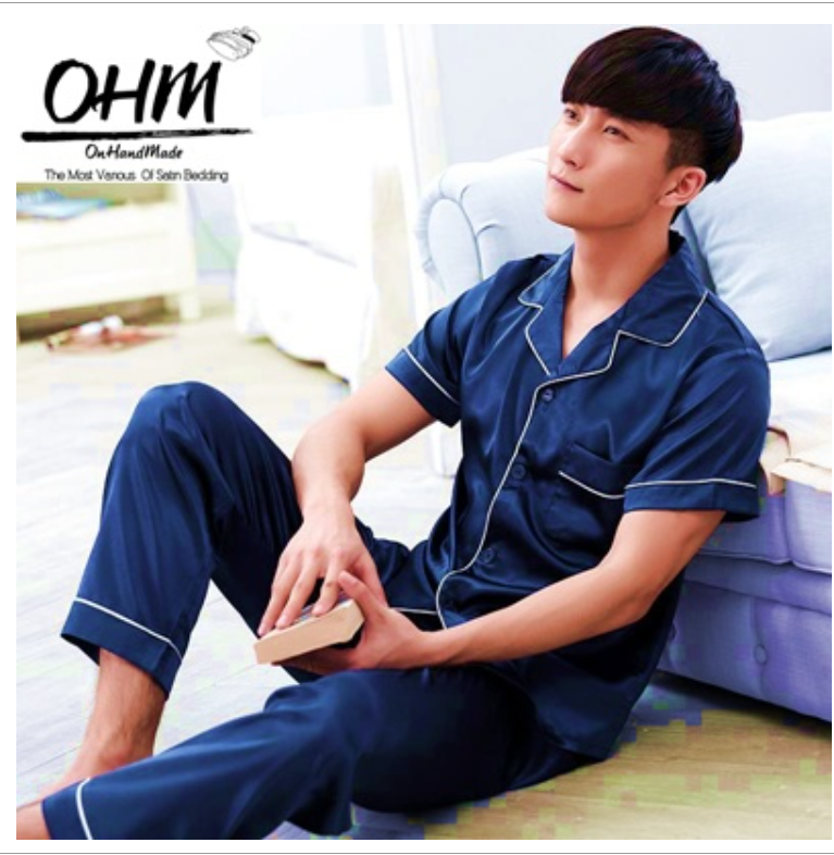 MH89-ชุดนอนผ้าซาติน (ผู้ชาย) เสื้อแขนสั้นและกางเกงขายาว ผ้าซาตินแท้ สีน้ำเงิน