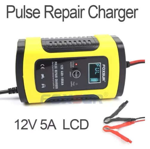 JIM89-เครื่องชาร์จแบตเตอรี่อัจฉริยะเครื่องซ่อมแบตเตอรี่รถยนต์ FOXSUR ชาร์จแบตเตอรี่ 12V รถมอเตอร์ไซค์ แบตแห้ง Pulse Repair Charge 5A 4-100Ah ş่u FBC1205D
