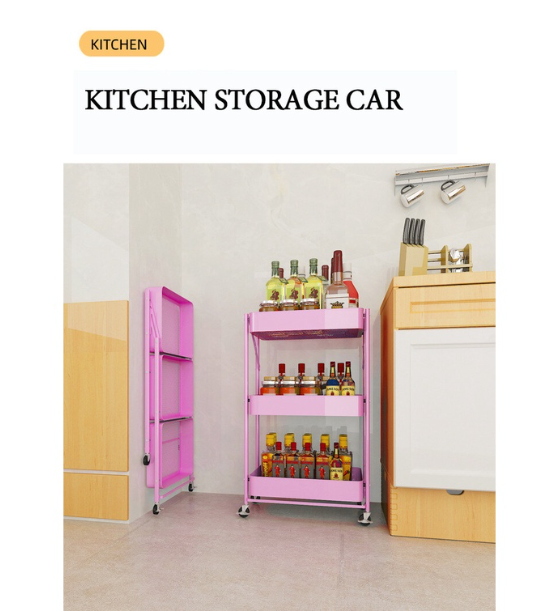 TH112-อัลลอยด์พับได้3ชั้น Rolling Pantry Storage ห้องน้ำของตกแต่งห้องนอน รถเข็นเล็ก Rack Multi-Layer ข้างเตียงเก็บชั้นเก็บของ