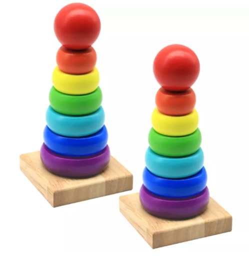 N93-บล็อกวงกลมซ้อน เจดีย์ไม้ มีสีสดใสและสีพาสเทล หอคอยไม้ ห่วงเรียงชั้น ของเล่นไม้สวมหลัก ของเล่นไม้ เสริมพัฒนาการเด็ก