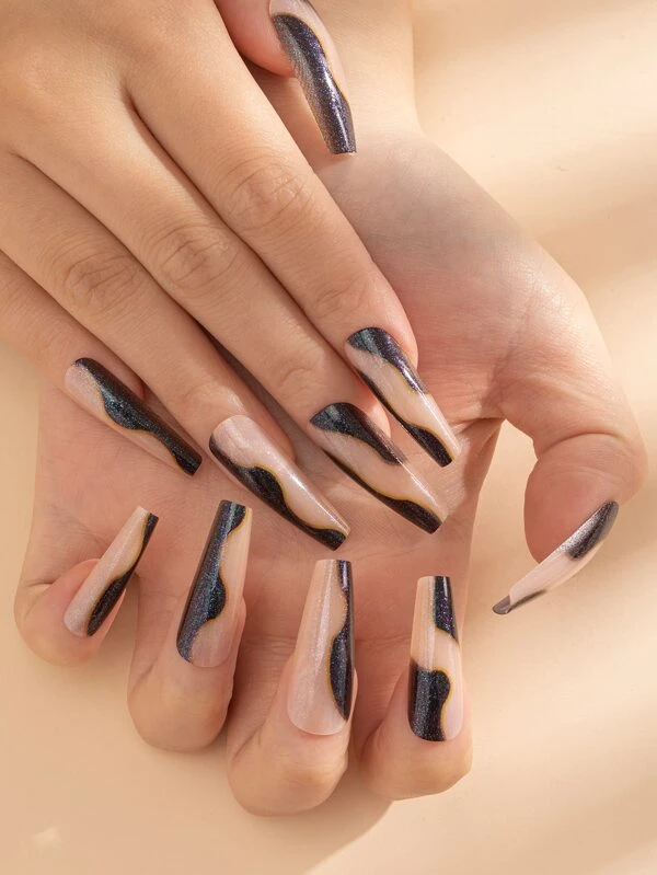 เล็บปลอม ยาว คอฟฟิน ลายดาว & เทปกาว 1 แผ่น & ตะไบเล็บ 1 ชิ้น 24 ชิ้น c-91