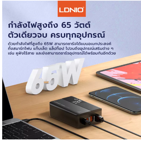 GE05-Super fast Charger หัวชาร์จเร็วกำลังไฟ 65W หน้าจอแสดงผล QC4+ PD QC3.0 ตัวเดียวจบ 2USB-C+2USB-A LDNIO A4808Q สายยาว150cm