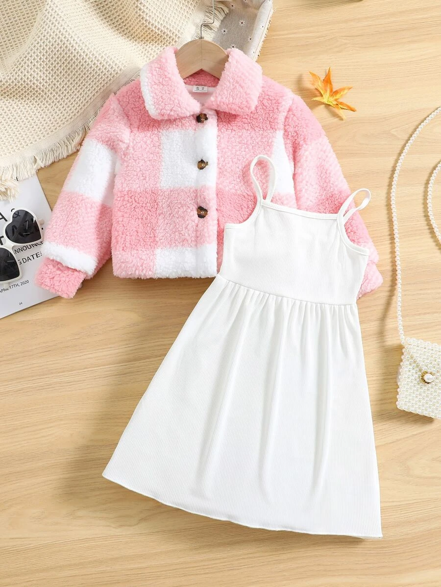 เด็กผู้หญิง ลายสก็อต ไหล่ตก แจ็คเก็ต เท็ดดี้ & คามีเดรส a-100