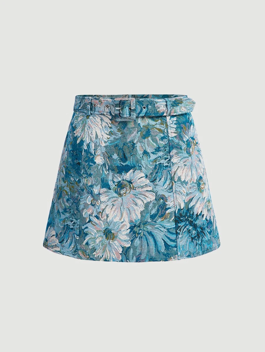 MOD กระโปรง พิมพ์ลาย ดอกไม้ แต่งเข็มขัด jj-64