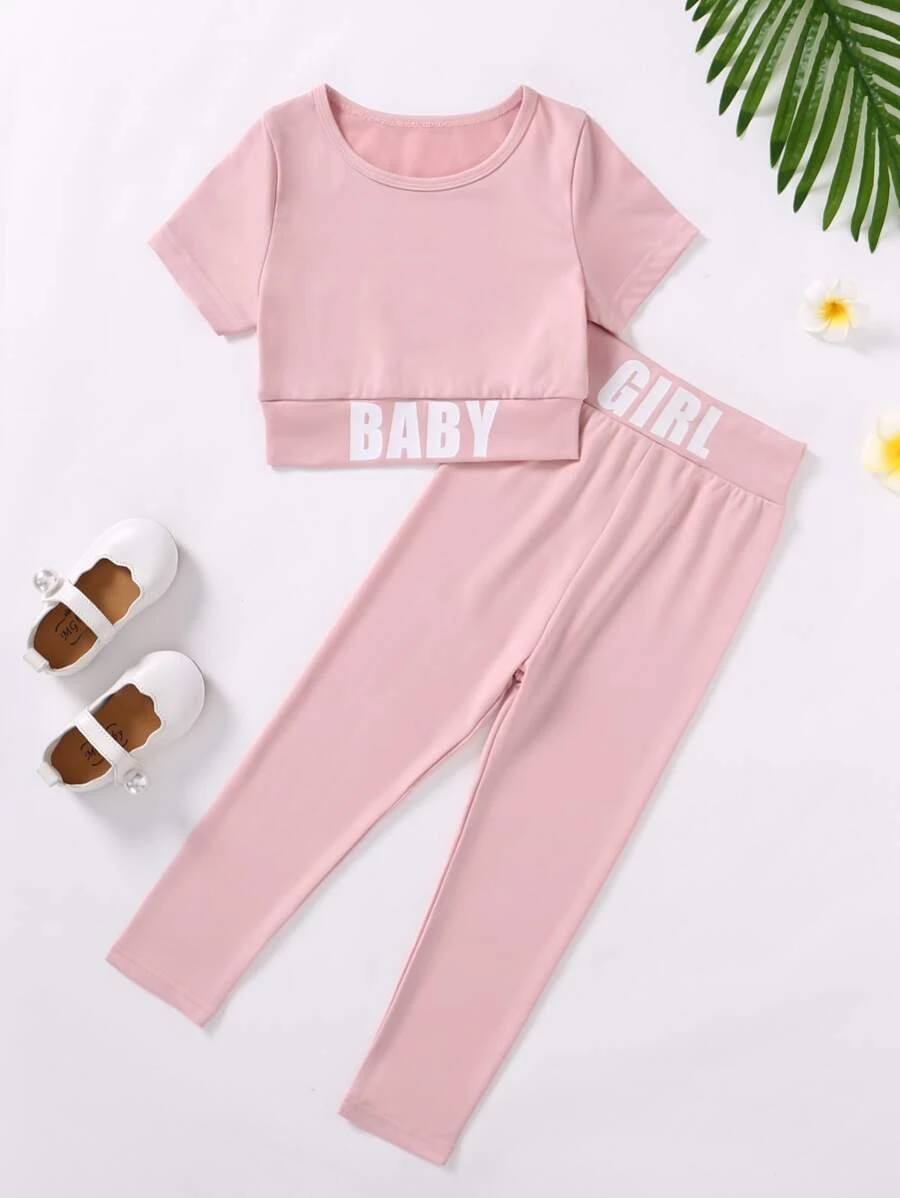 เด็กผู้หญิง เสื้อยืด พิมพ์ ตัวอักษร & เลกกิ้ง a-59