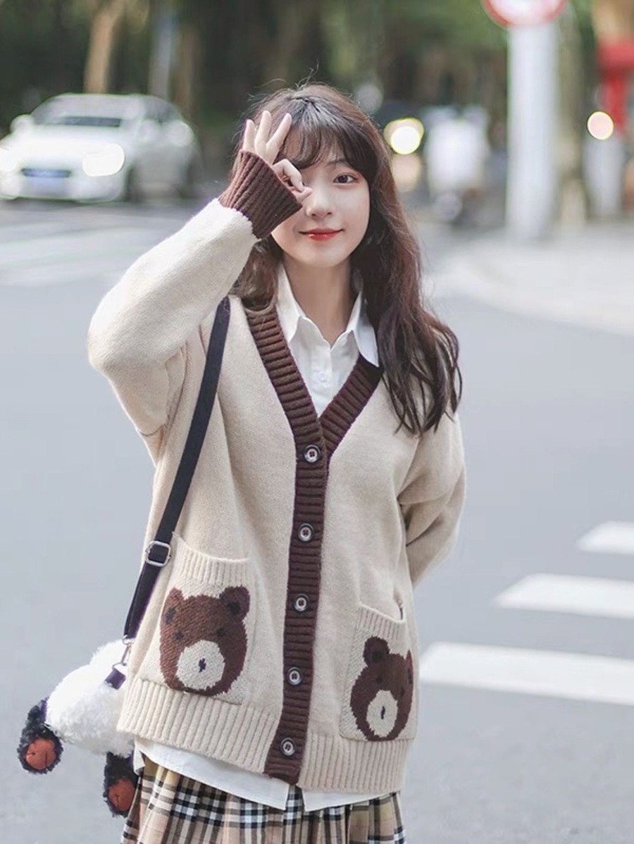 คาร์ดิแกนไหมพรมทรงโอเวอร์ไซส์ ทอลายหน้าหมีสุดคิ้ว ตัวใส่ง่าย คลุมสะดวก  i-19