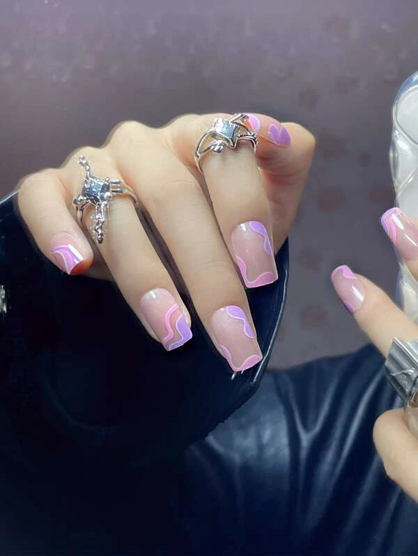 เล็บปลอม ยาว สี่เหลี่ยม บล็อคสี & เทปกาว 1 แผ่น & ตะไบเล็บ 1 ชิ้น 24 ชิ้น c-92