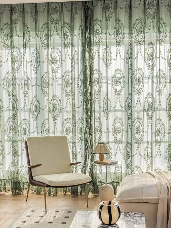 ผ้าม่าน แต่งระบาย ปักลายดอกไม้ ผ้าโปร่ง  0054