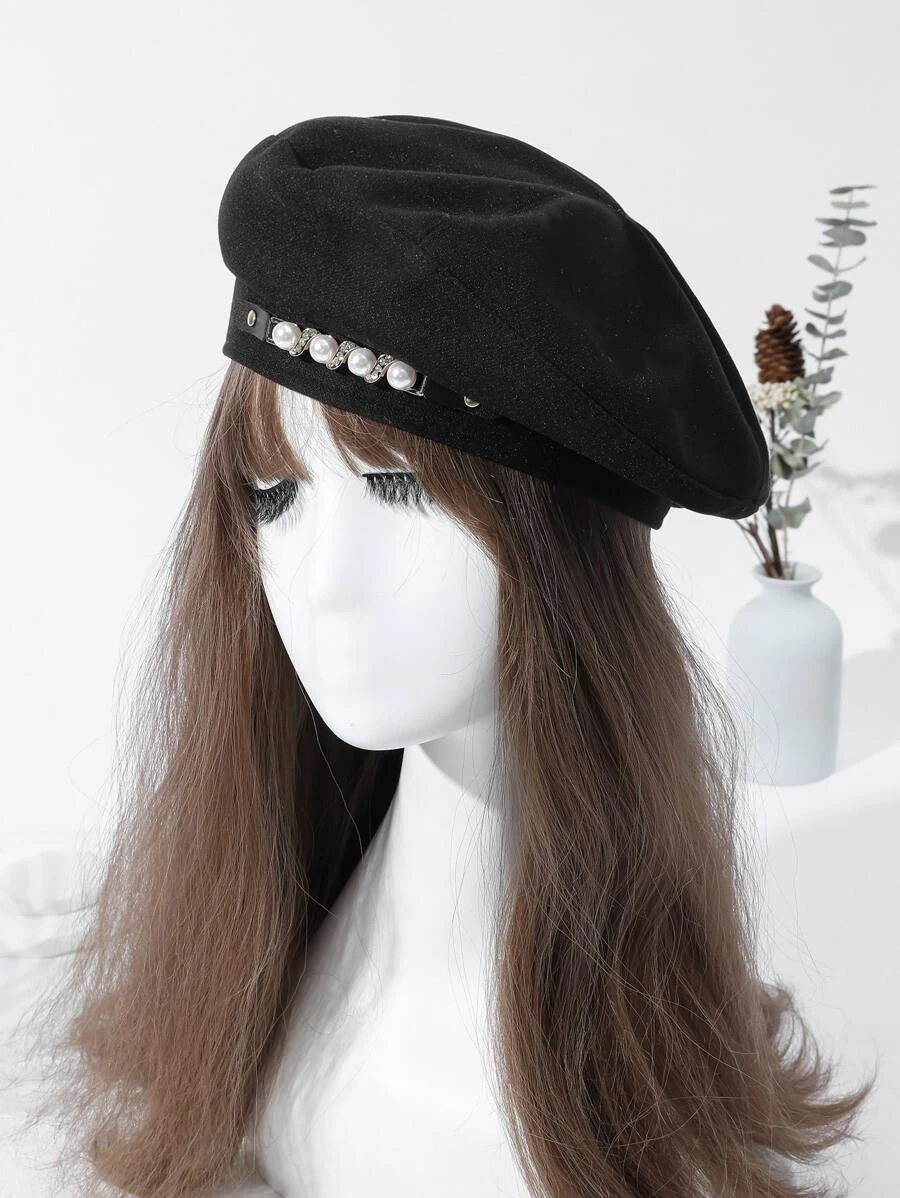 หมวกเบเร่ต์ ตกแต่ง พลอยเทียม & ไข่มุกเทียม  i-71