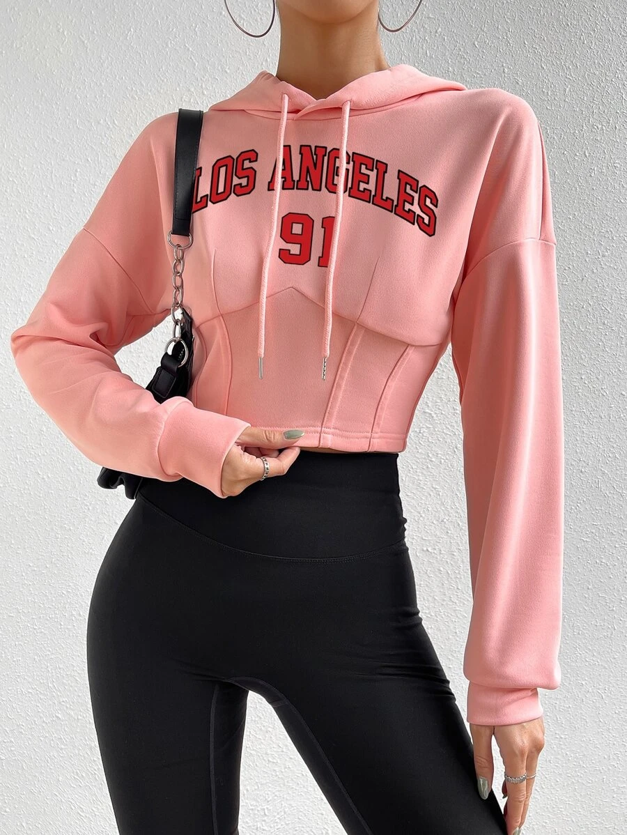 เสื้อฮู้ด ครอป กราฟฟิค ตัวอักษร ไหล่ตก เชือกรูด cc-35