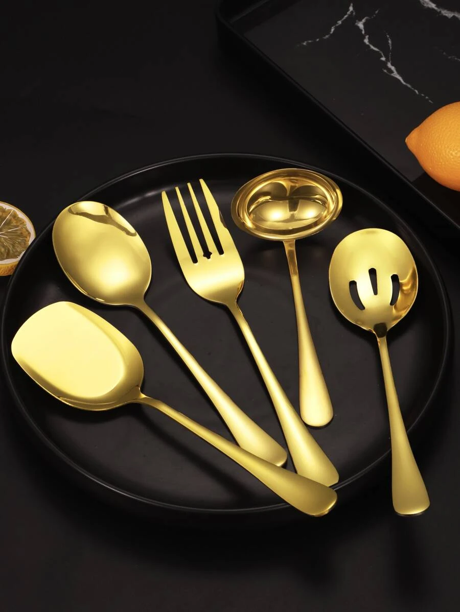 ชุดช้อนส้อม สีทอง สแตนเลส ครัว เครื่องใช้บนโต๊ะอาหาร 5 ชิ้น hh-42