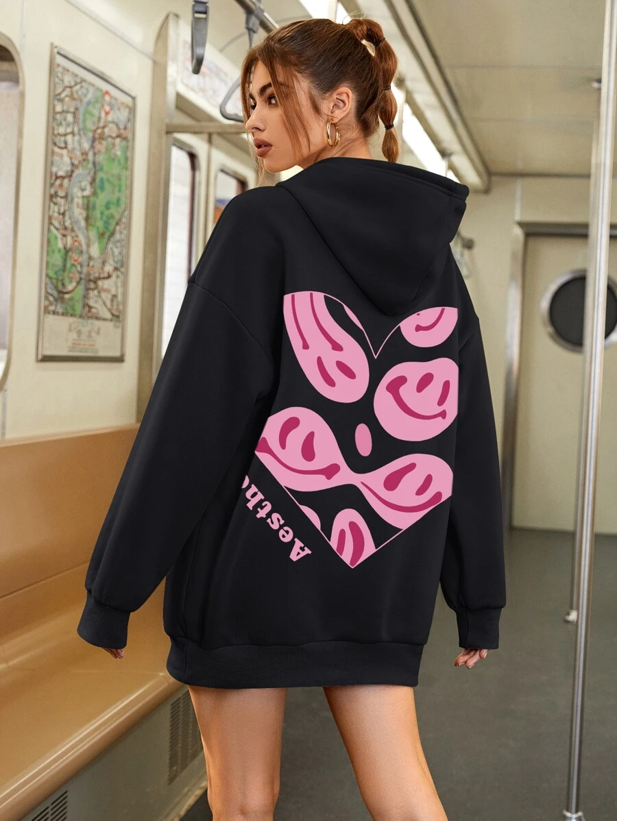 เสื้อฮู้ด ให้ความอบอุ่น ตัวอักษร & ลายสีหน้า ไหล่ตก เชือกรูด cc-1