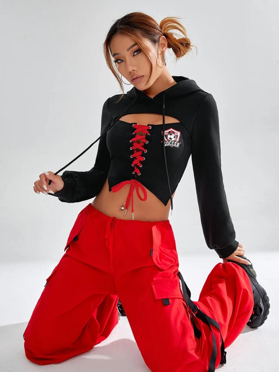 ฮู้ดดี้ ทรงครอป ผูกเชือกด้านหน้า ตัดเว้า  cc-49