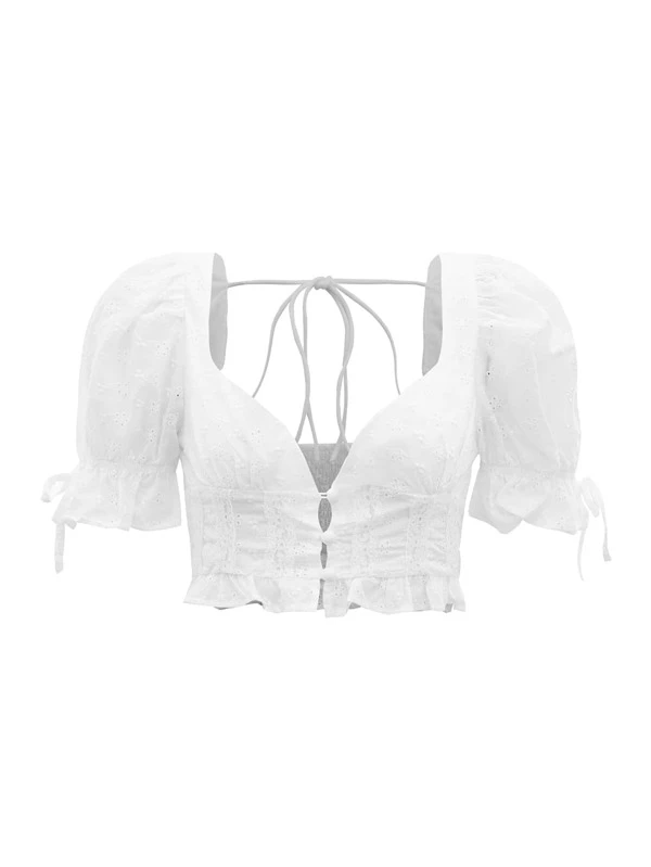 เสื้อสตรีเจาะรู ตัวสั้น ผูกหลัง แขนพอง ก-16