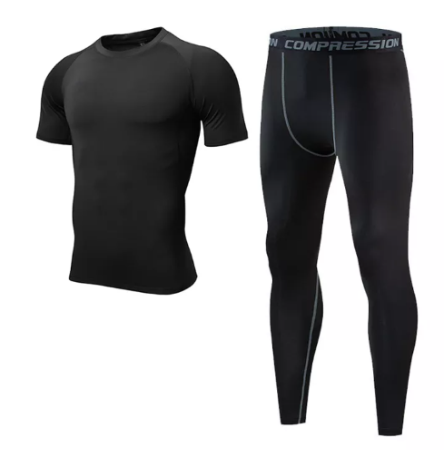 VIC10-ชุดกีฬาสำหรับผู้ชาย เซต2ชิ้น เสื้อแขนสั้น+กางเกงขายาว ผ้าระบายอากาศแห้งเร็ว กระชับกล้ามเนื้อ [กทม. พร้อมส่ง]