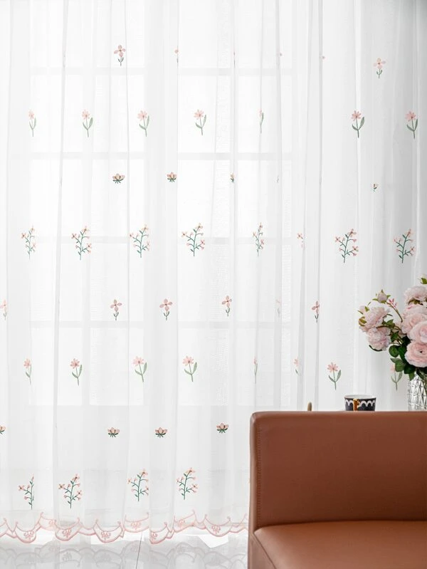 ผ้าม่าน ผ้าโปร่ง ปักดอกไม้  ผ114