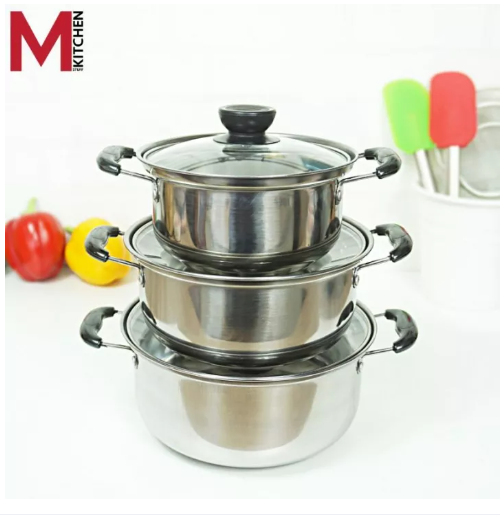KIT86-M KITCHEN หม้อ ชุดหม้อ หม้อต้ม3ใบ ขนาด 16-18-20 ซม สามารถใช้กับเตาแม่เหล็ก