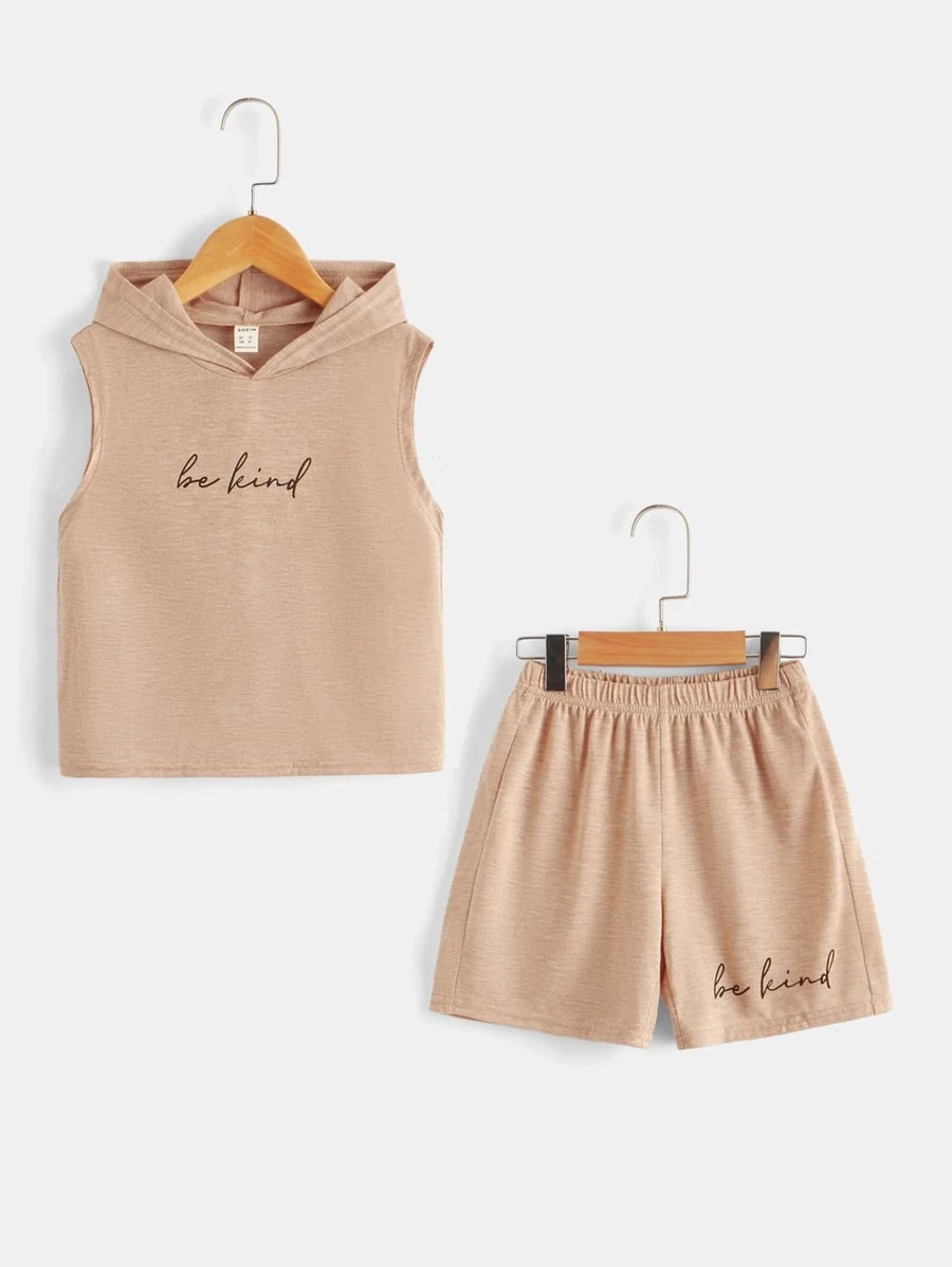 เด็กผู้ชาย พิมพ์ สโลแกน ฮูด เสื้อกล้าม & กางเกงขาสั้น b-77