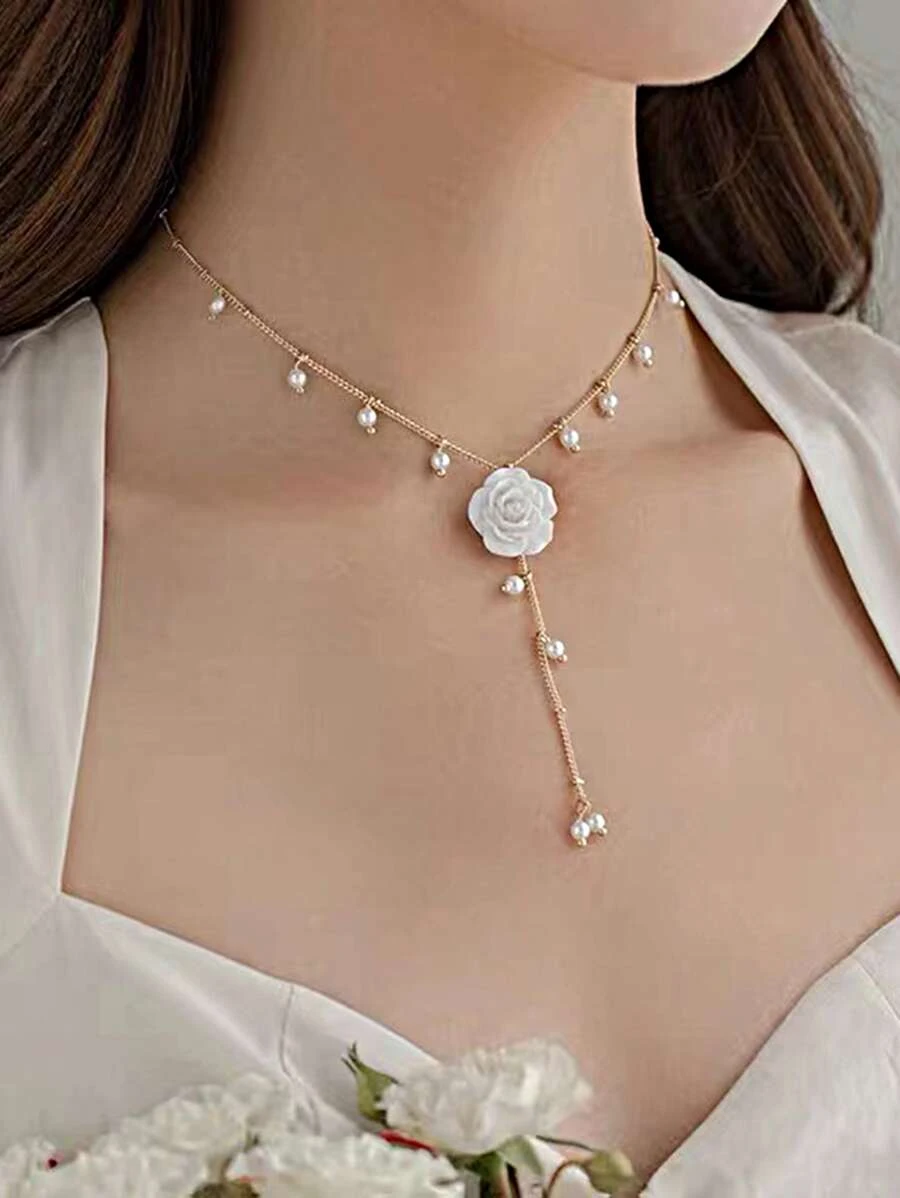 สร้อยคอ รูปตัว Y ดอกไม้ & จี้ ไข่มุกเทียม kk-159