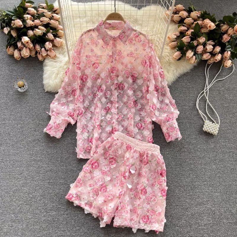 ? Set 2 ชิ้น เสื้อคอปกแต่งดอก3D ส-86