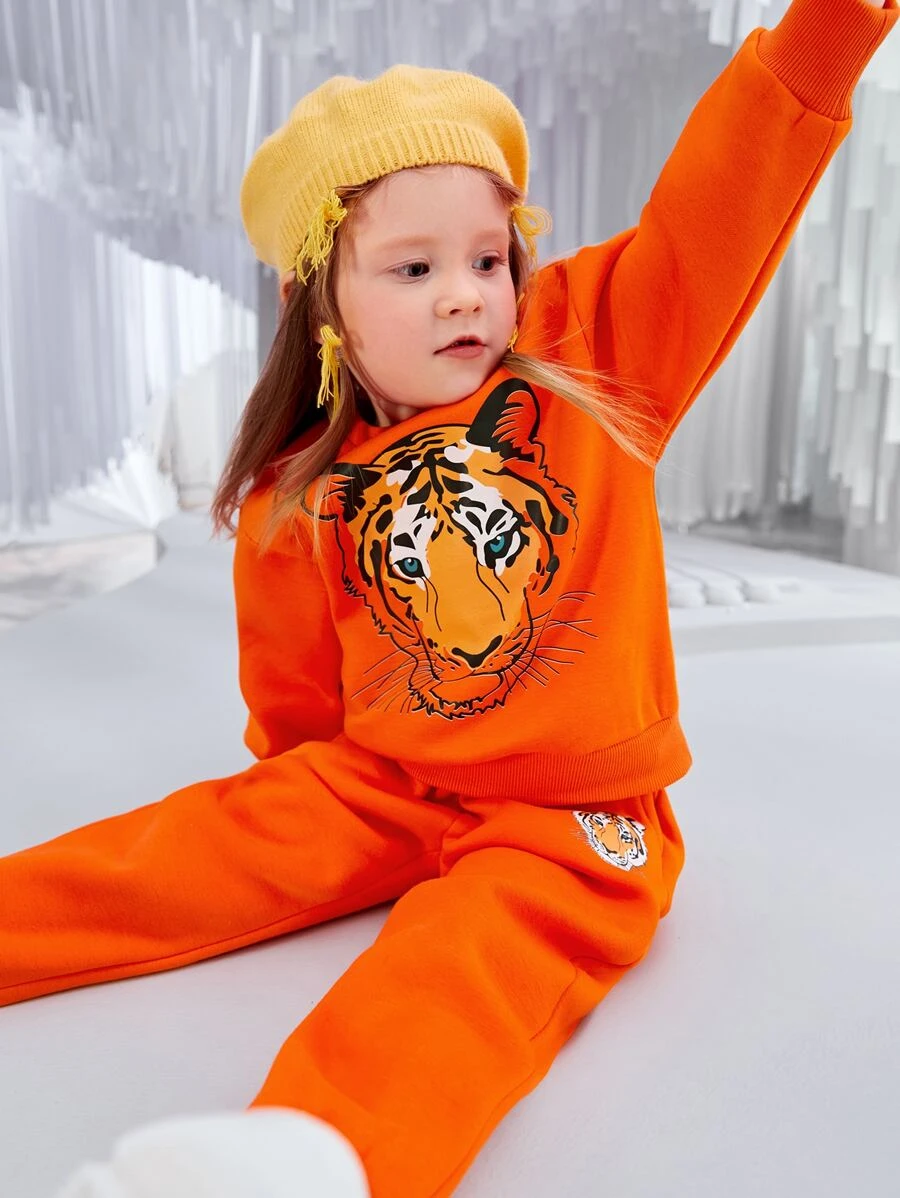 เด็กผู้หญิง เสื้อสวมหัว ส้มนีออน ลาย เสือ a-50