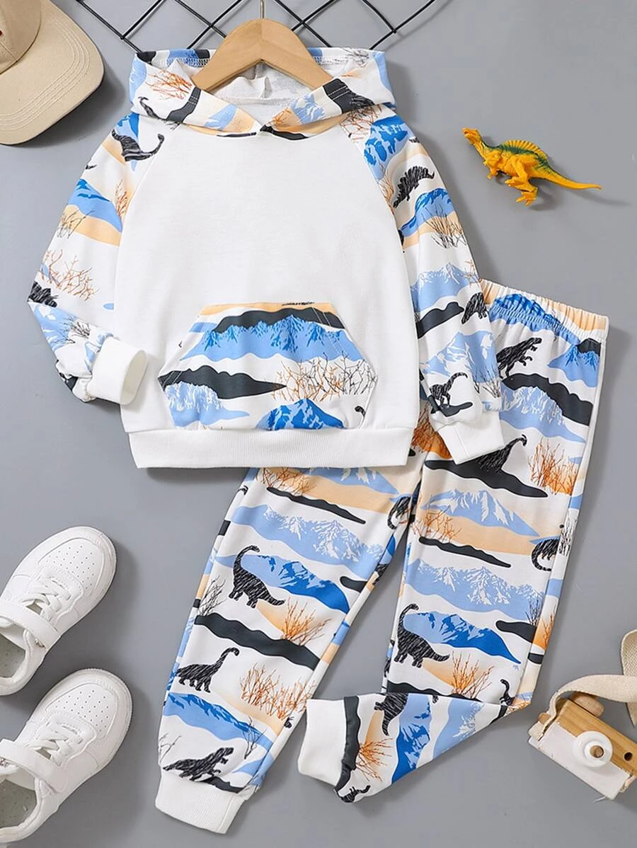 เด็กผู้ชาย เสื้อฮู้ด & กางเกงวอร์ม ลาย ไดโนเสาร์ แขนเสื้อตะเข็บเย็บเฉียง b-18