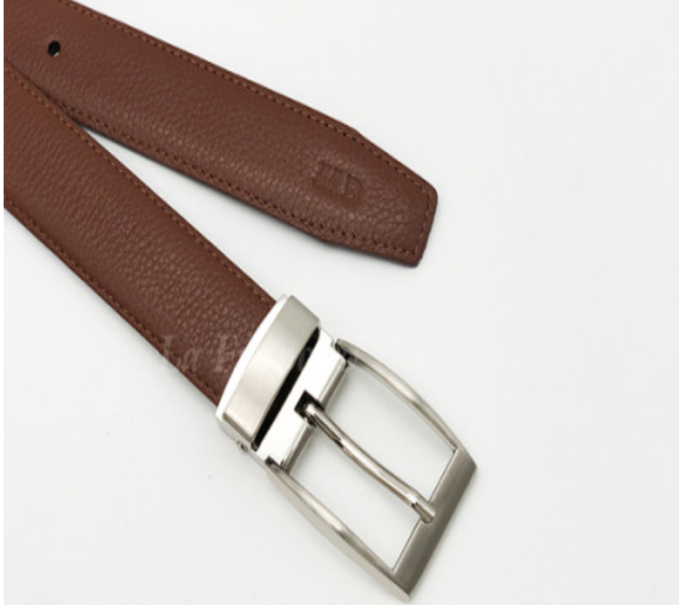 MAN100-เข็มขัดหนังวัวแท้ลาย Pebble สีน้ำตาล พร้อมหัวเข็มขัดหนีบนิกเกิ้ล