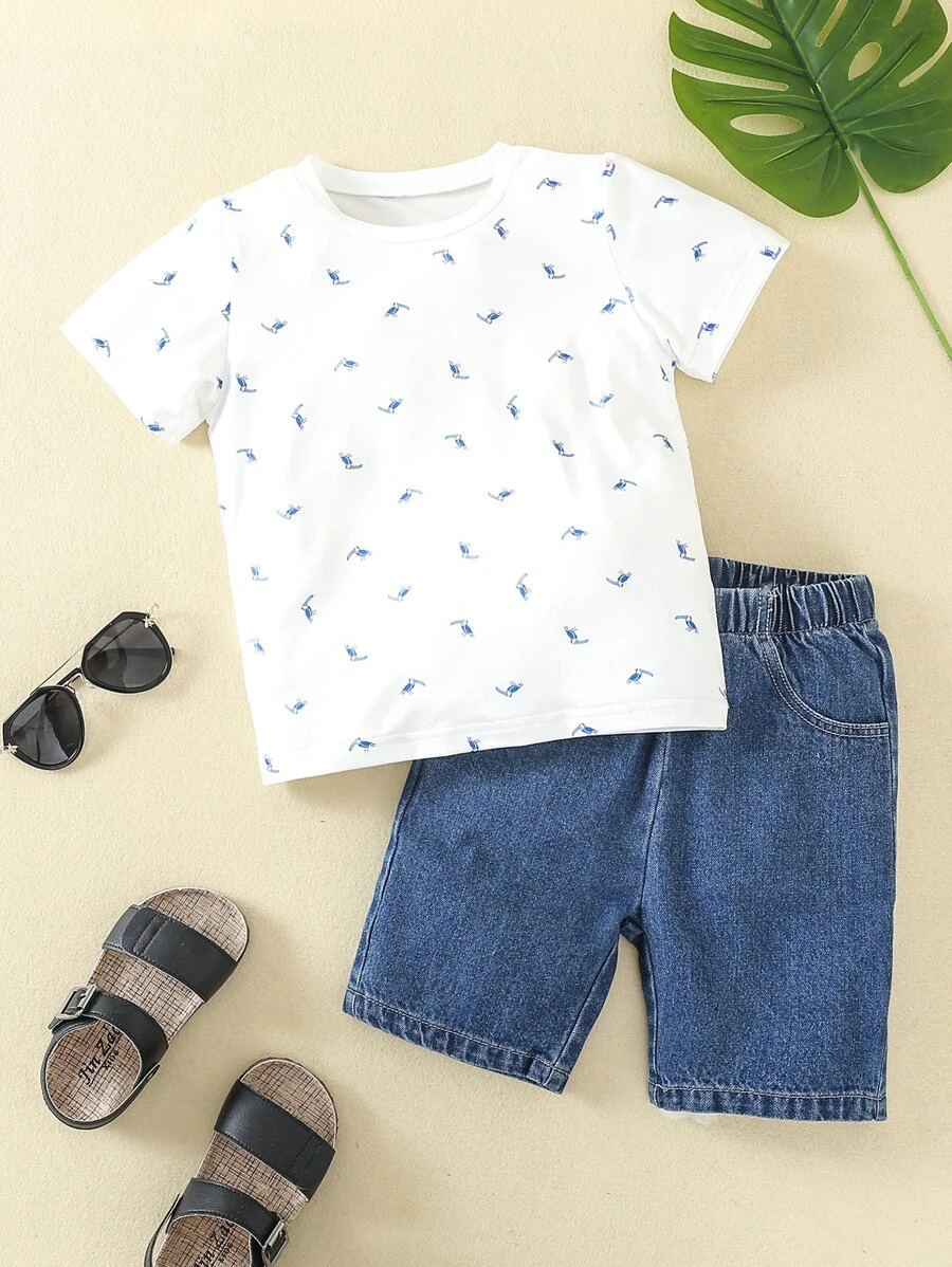 เด็กผู้ชายวัยหัดเดิน ภาพพิมพ์รูปนก เสื้อยืด & กางเกงขาสั้นเดนิม b-64