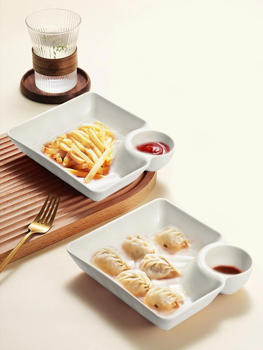 2 ชิ้น จาน สีพื้น จานเกี๊ยว พร้อมจานซอส จานเสิร์ฟ สี่เหลี่ยม จานอาหารว่าง จานผลไม้ ถาดขนมหวาน  ff-91