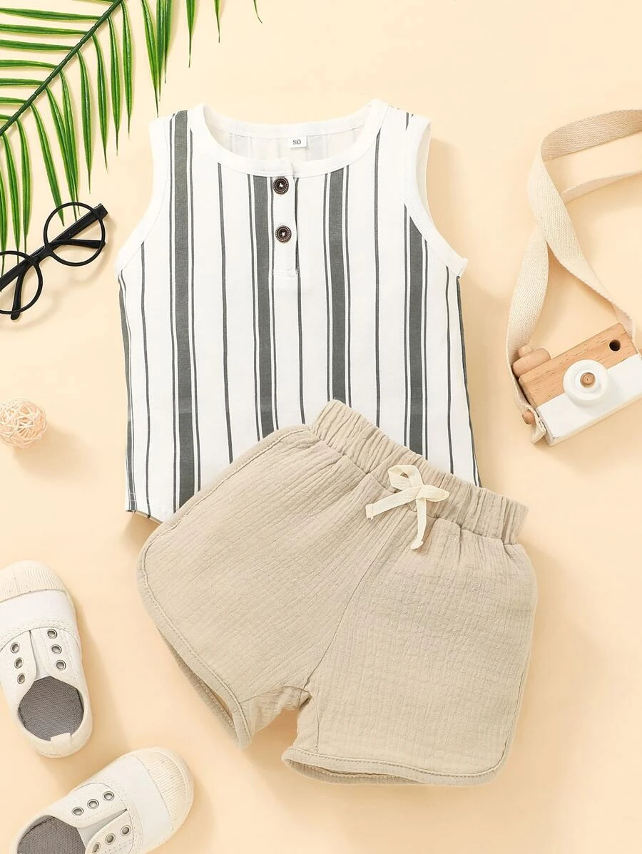 เด็กผู้ชาย ลายทาง ครึ่งปุ่ม เสื้อกล้าม & โบว์หน้า กางเกงขาสั้น b-80