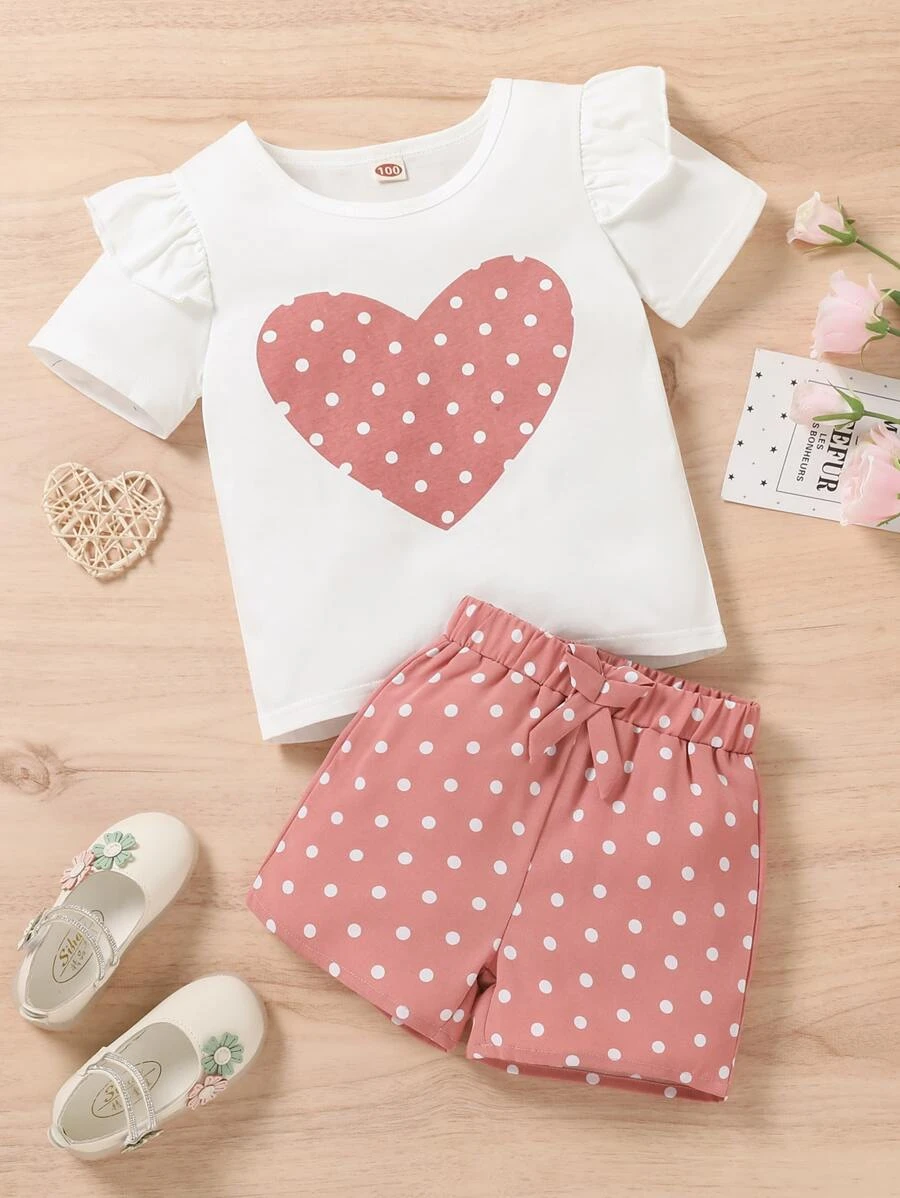 เด็กผู้หญิง เสื้อยืด นัวเนีย ลาย หัวใจ & กางเกงขาสั้น ลายจุด โบว์หน้า a-70