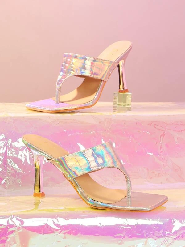 รองเท้าแตะ ทรงธอง โฮโลกราฟิก ลายนูนจระเข้ ส้นปิรามิด l-80