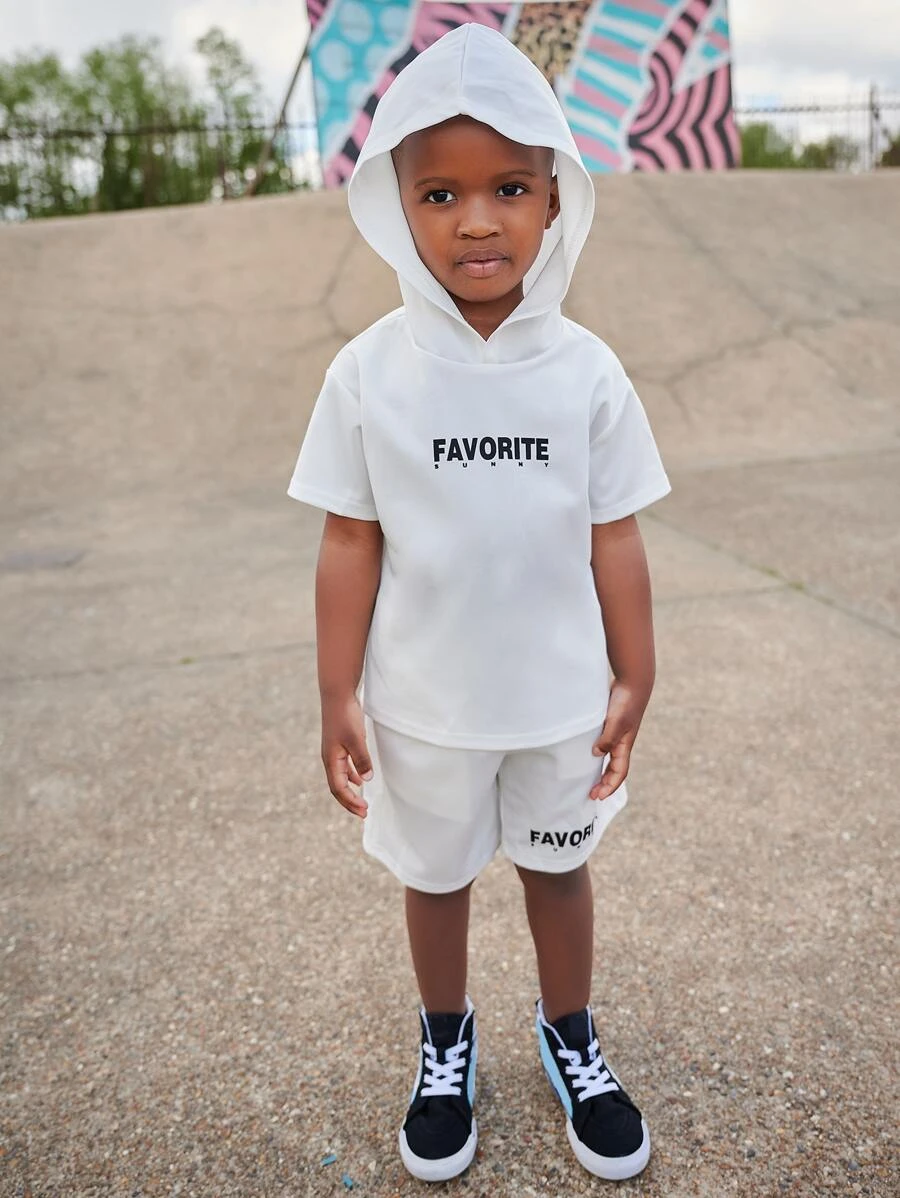 เด็กผู้ชาย เสื้อยืด พิมพ์ ตัวอักษร ฮูด ปลอกคอ & กางเกงขาสั้น กระเป๋าแนวทแยง b-76