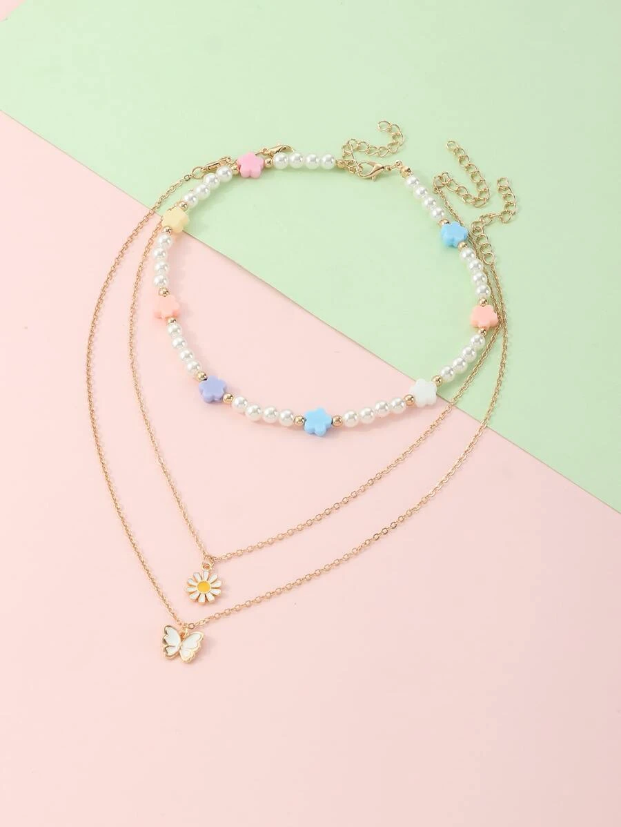 เด็กผู้หญิง สร้อยคอ ผีเสื้อ & เครื่องประดับ ดอกไม้ 3 ชิ้น  kk-47