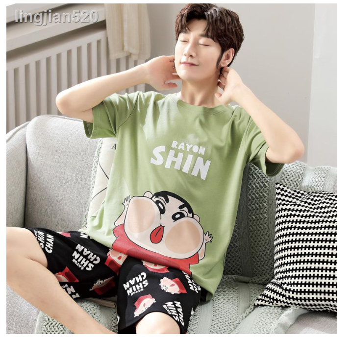 MA68>??☫✚✒ชุดนอน ผ้าฝ้ายแท้ แบบบาง แขนห้าส่วน พิมพ์ลายการ์ตูน แฟชั่นฤดูร้อน สําหรับผู้ชาย และนักเรียน