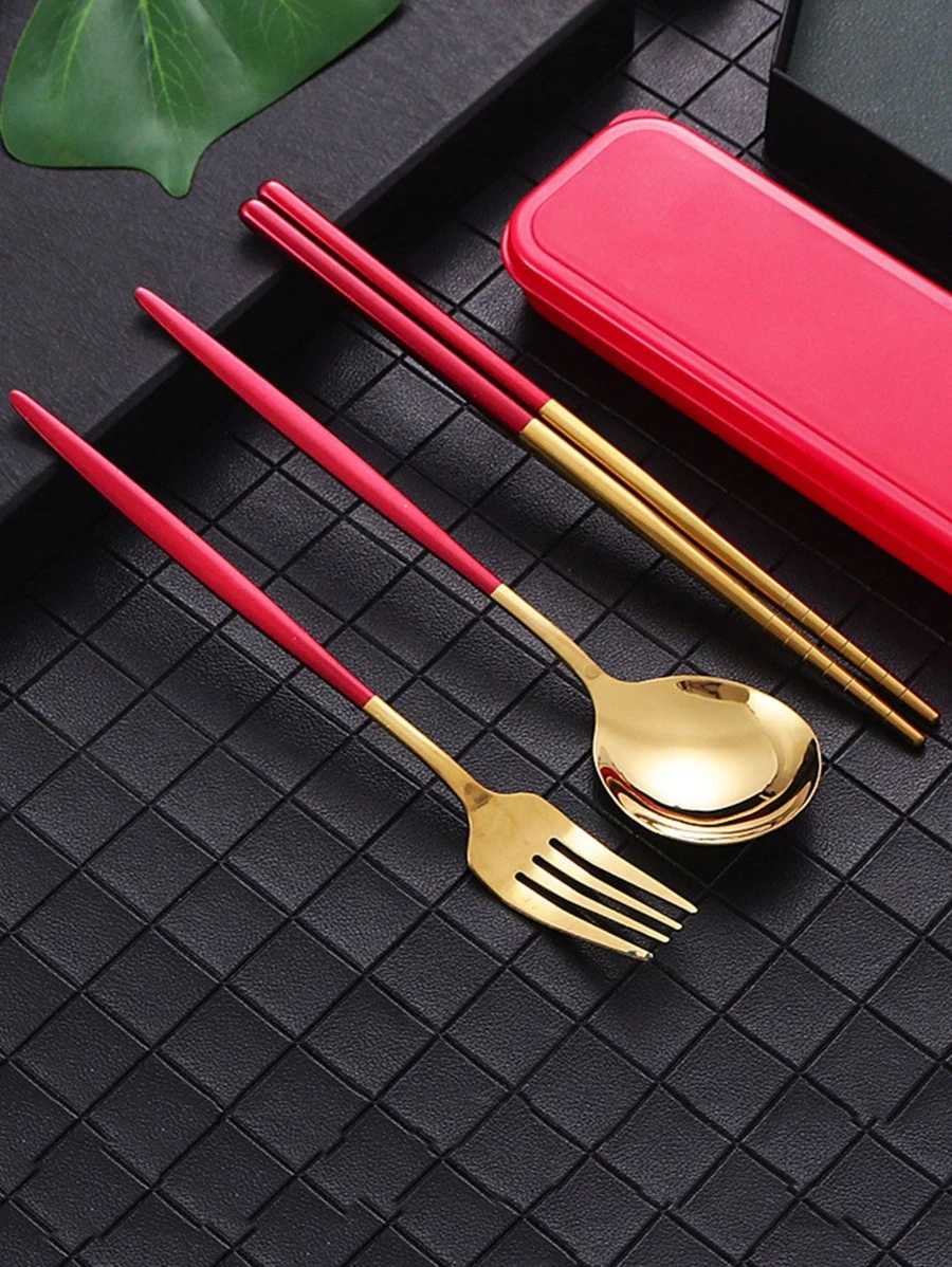 3 ชิ้น สแตนเลส ชุดช้อนส้อมมีด & 1 ชิ้น กล่อง hh-6