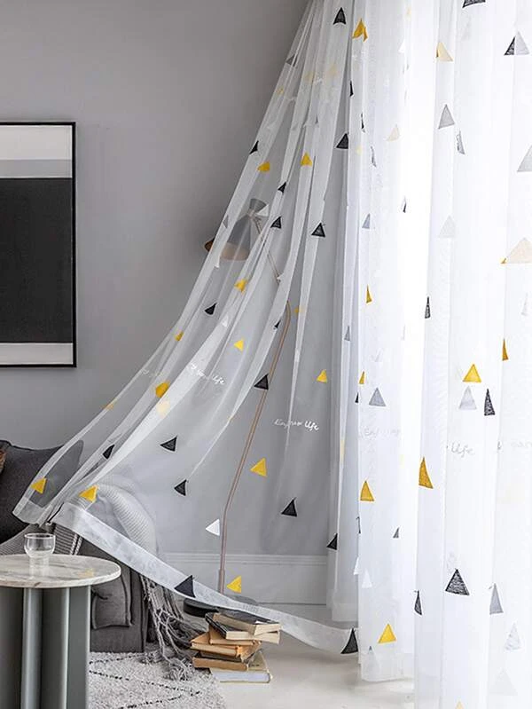 ผ้าม่านโปร่งบานเดี่ยว เย็บปักถักร้อย เรขาคณิต  003