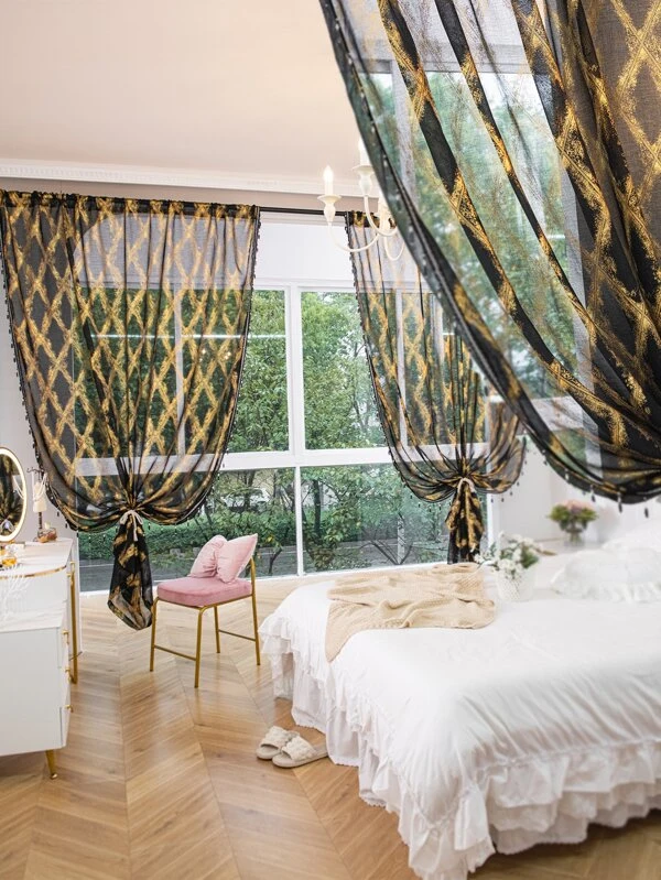 ผ้าม่าน ผ้าโปร่ง เมทัลลิค ลวดลาย เรขาคณิต ขอบฝอย / ขอบประดับพู่   0107