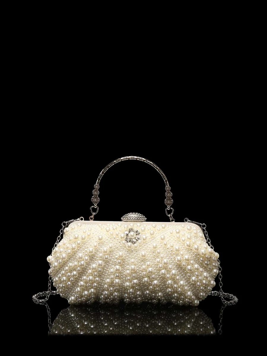 กระเป๋า แบบกล่อง ตกแต่ง พลอยเทียม & ไข่มุกเทียม โซ่ v-91