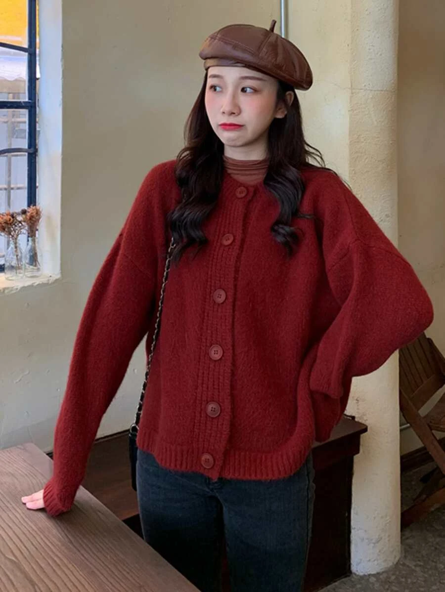 Honeyspot คาร์ดิแกน สีพื้น ไหล่ตก กระดุมแถวหน้า i-49