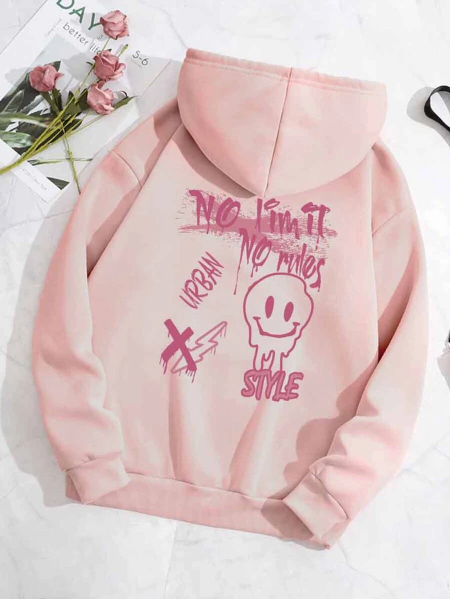 เสื้อฮู้ด ให้ความอบอุ่น ตัวอักษร & ลายสีหน้า กระเป๋าจิงโจ้ เชือกรูด  cc-66