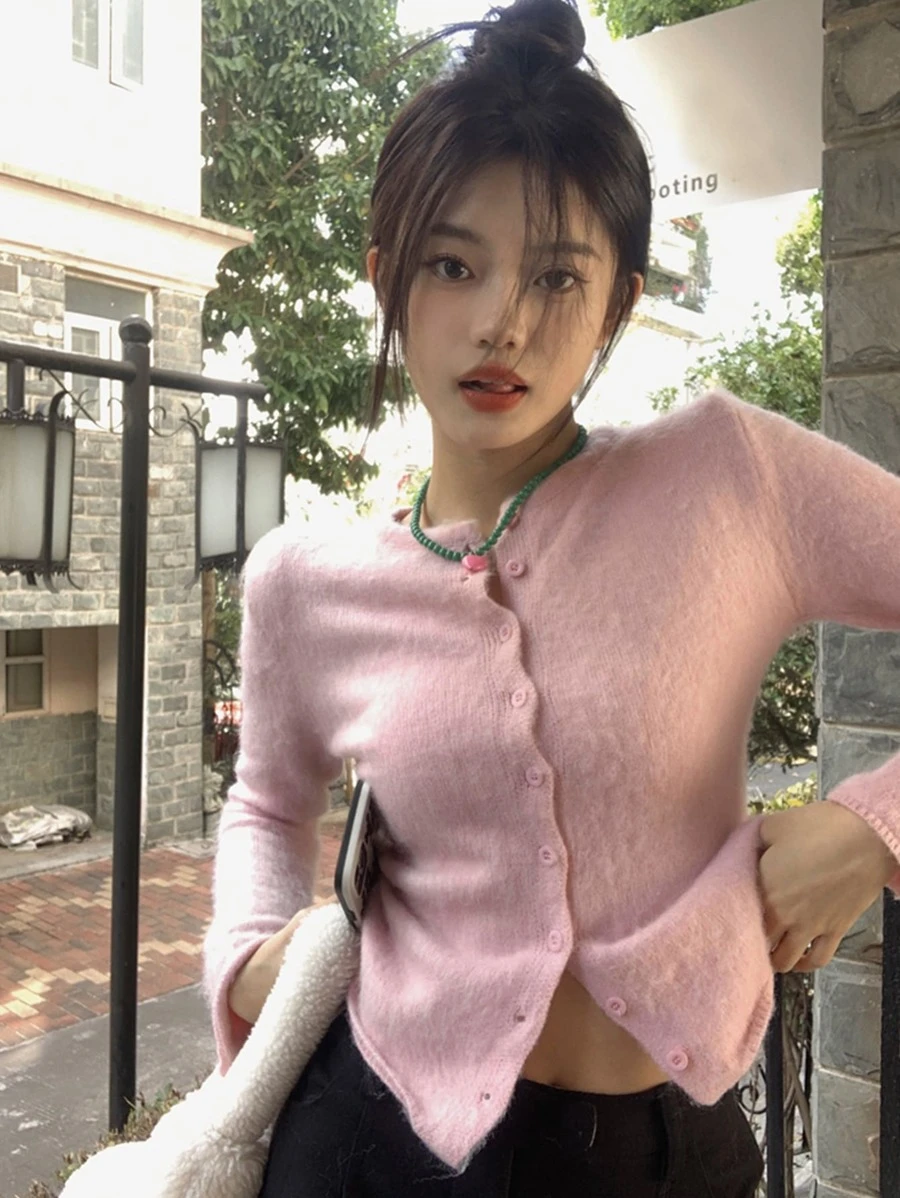 เสื้อคาร์ดิแกน ครอป สีพื้น กระดุมแถวหน้า i-61