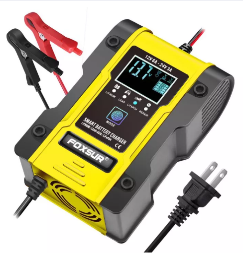 JIM85-NEWEST2022-FOXSUR เครื่องชาร์จอัจฉริยะและซ่อมแบตเตอรี่รถยนต์ Pulse Repair Charger 12V 6A 6-120Ah /24V 3A